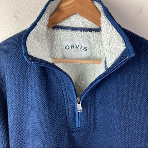 Orvis Navy Faux Sherpa Lined 1/4 Quarter Zip Pullover Knit Sweater
